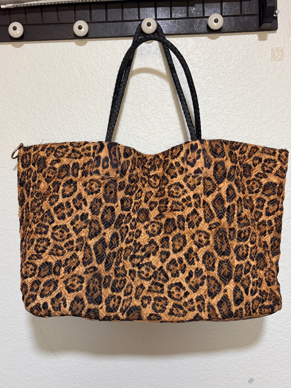 Big Buddha Leopard Print Tote Bag with Black Braided Handles Beach Pool